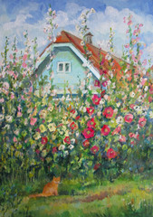 Country house, flowers and cat, oil painting