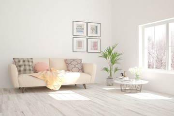 White living room with sofa. Scandinavian interior design. 3D illustration