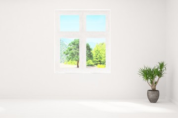 White empty room with summer landscape in window. Scandinavian interior design. 3D illustration