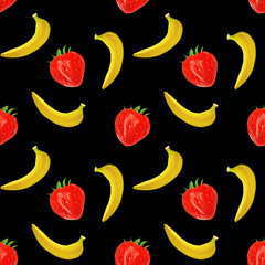 Gouache seamless pattern with fruits and berries bananas and strawberry on black background, vegetarian pattern for for diet, healthy eating. Use as restaurant menu, packaging, product design,textile