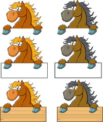 Fototapeta premium Horse Cartoon Character Over A Blank Sign. Vector Collection Isolated On White Background