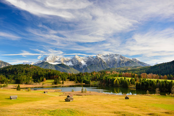 panorama landscape in Bavaria with Karwendel mountains and lake
