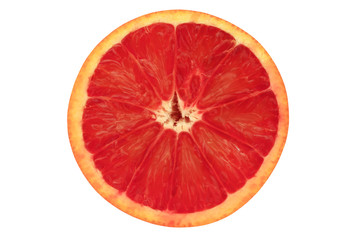 Half a red orange isolated on a white background. Close-up. Top view.