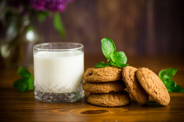 oatmeal cookies with a glass of fresh milk for breakfast