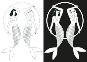 Two beautiful twin mermaids retro pin-up style, holding a hoop, isolated on white background and black background