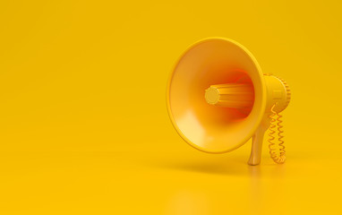 Fototapeta na wymiar Monochrome yellow single megaphone. Loudspeakers on a yellow background. Conceptual illustration with copy space. 3D rendering.