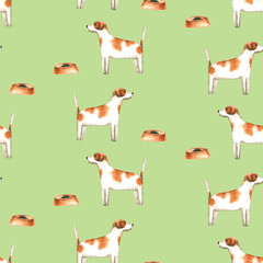 Seamless pattern with watercolor dog. Hand drawn illustration is isolated on green. Painted Jack Russell Terrier is perfect for pet shop design, veterinary clinic, fabric textile, interior wallpaper