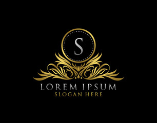 Letter S Luxury Logo. Monogram design elements, graceful template. Calligraphic elegant line art badge design.   Letter Stamp, Boutique, Cafe, Hotel, Heraldic, Jewelry, Wedding.