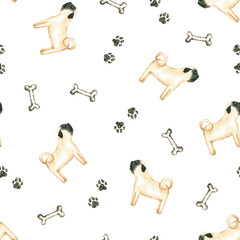 Seamless pattern with watercolor dog. Hand drawn illustration is isolated on white. Painted pug is perfect for pet shop design, veterinary clinic, fabric textile, interior wallpaper