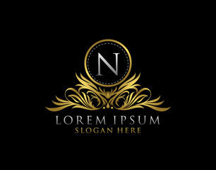 Letter N Luxury Logo. Monogram design elements, graceful template. Calligraphic elegant line art badge design. Letter Stamp, Boutique, Cafe, Hotel, Heraldic, Jewelry, Wedding.