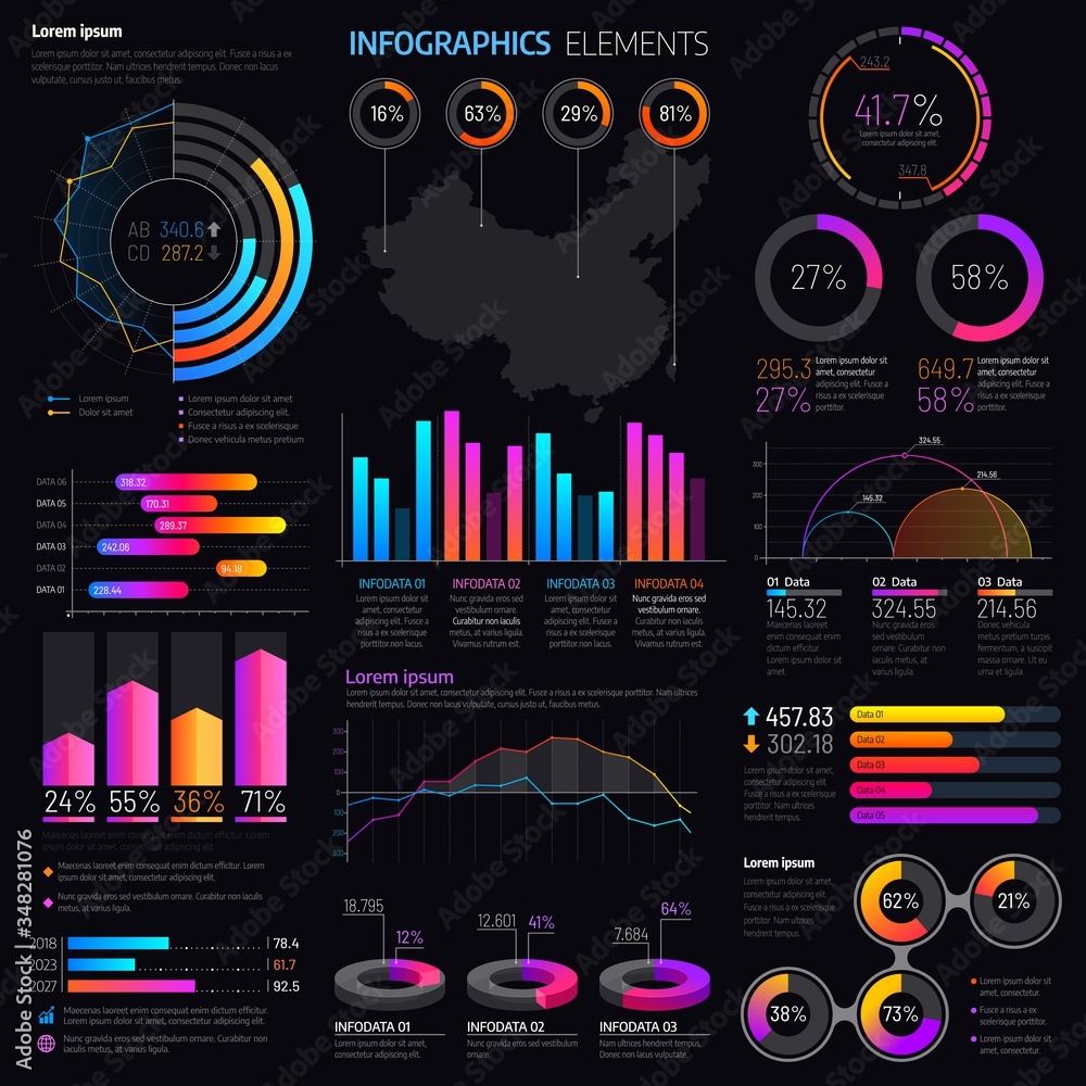 Aufkleber Infographics elements with vector graphs and charts. Business presentation info graphic templates with bar graphs, statistic data step and pie charts, timeline, process and option diagrams
