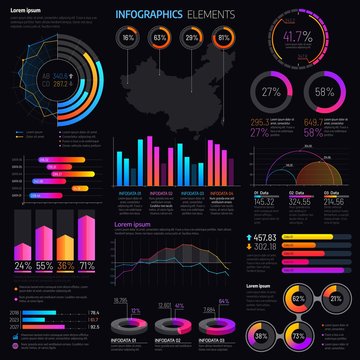 Infographics elements with vector graphs and charts. Business presentation info graphic templates with bar graphs, statistic data step and pie charts, timeline, process and option diagrams