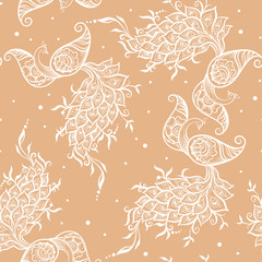 Eastern ethnic style compositions, mehendi, traditional indian henna floral ornament with peacock. Seamless pattern, background in beige and white colors. Vector illustration..