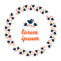 Folk art vector round Decorative frame with birds and flowers, Scandinavian design in a circle, flower arrangement.Retro background inspired by Swedish and Norwegian traditional style.