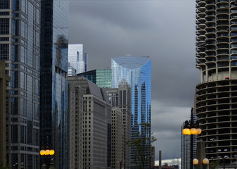 Special light on the buildings during a stormy sunset in Chicago River. Illinois. USA.