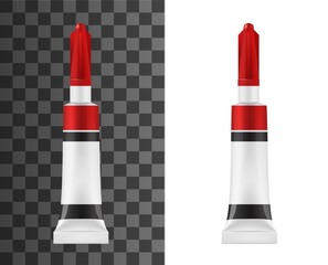 Super glue tube realistic vector mockup. Adhesive white package with red and black stripes, universal super glue in metal tube, container with long tip and protective cap mockup
