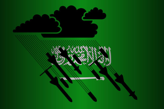 Armed, war, military conflict and confrontation in Saudi Arabia - from a thundercloud, rain pours from rockets and shells
