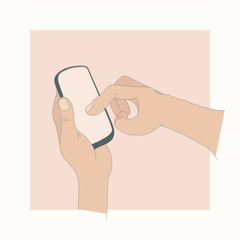 Vector illustration of a hand holding a smartphone. Mobile phone with touch screen and fingers. Flat simple vector EPS 10.