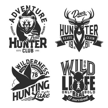 Hunting sport t-shirt prints, isolated vector monochrome icons. Wild animals chase t-shirt print templates. Hunting outdoor adventure deer antlers, grizzly bear, boar and flying duck