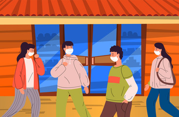 Young people wearing face medical masks walking to shop during virus pandemia. Women and men keep the rules of quarantine to protect from spreading virus in the crowd. Vector flat illustration