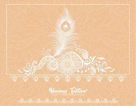Template design with traditional indian white henna tattoo with peacock feather. Template for wedding invitation, greeting card, banner, gift voucher, label. Vector illustration..
