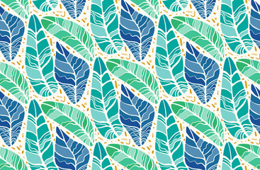 Seamless background pattern with abstract blue feathers on a light background. Vector flat illustration.