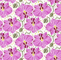 Tropical seamless pattern with pink purple orchids flowers. Tropic floral wallpaper isolated on light background. Exotic textile print. Vector flat graphics.