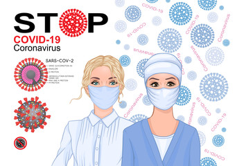 Coronavirus set elements for design. Stop covid-19 sign, sars-cov-2 cell model with annotation and girl and doctor in face mask. Vector illustration. Infographic banner, card, poster.