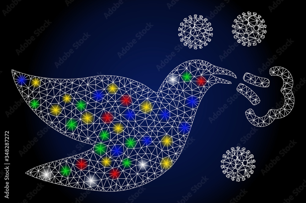 Poster glossy mesh bird flu with glare effect. abstract illuminated vector model of bird flu icon on a dark