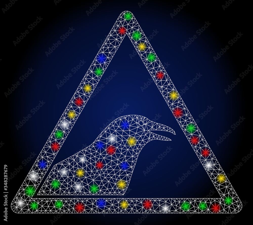 Poster flare mesh bird warning with glitter effect. abstract illuminated vector model of bird warning icon 
