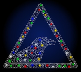 Flare mesh bird warning with glitter effect. Abstract illuminated vector model of bird warning icon on a dark blue gradiented background. White wire carcass triangular mesh bird warning.