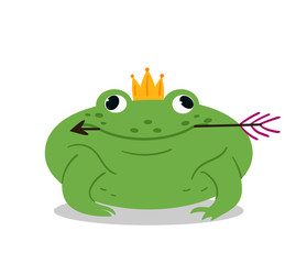 Funny fat fairy toad with an arrow in his mouth. Fabulous book character for children's design.