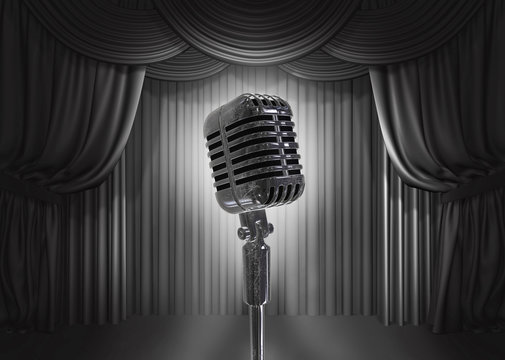 Old retro microphone on stage and curtain background. 3 D illustration.