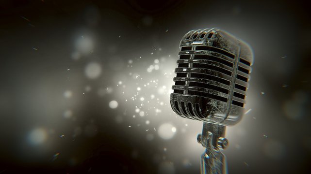 The image of an old retro microphone in vintage style. 3 D illustration.