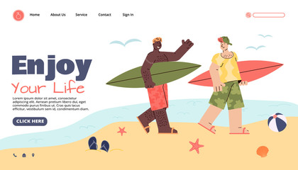 Web banner for travel agency with friends enjoy vacation, cartoon vector illustration.