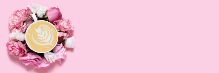 Greeting card with flowers. Pink background with a Cup of coffee surrounded by roses.
