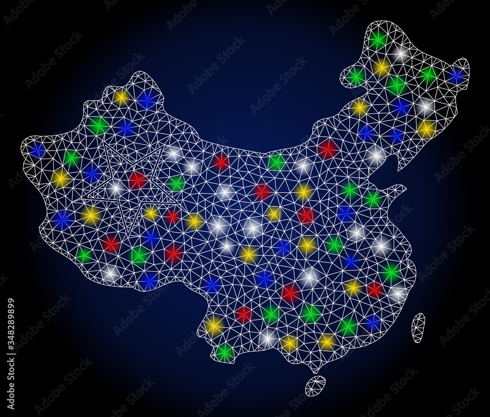 Poster glowing mesh china map with sparkle effect. abstract illuminated vector model of china map icon on a