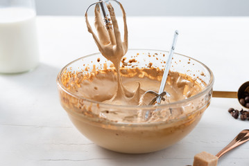 Dalgona Coffee, a trendy fluffy creamy whipped coffee