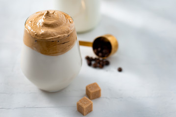 Dalgona Coffee, a trendy fluffy creamy whipped coffee