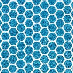 Turquoise shimmer sparkling hexagon spots on white background.