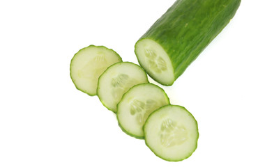cucumber and green cucumber slices on a white isolated background