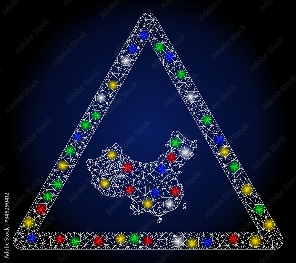 Poster flare mesh chinese warning with lightspot effect. abstract illuminated vector model of chinese warni