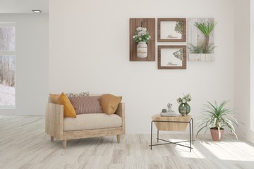 White living room with armchair. Scandinavian interior design. 3D illustration
