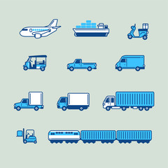 The beautiful simple cute vector set of transportation logistics vehicles included cargo plane, container ship, delivery motorcycle bike, Tuk Tuk, pick-up truck, Van, container truck, forklift, train 