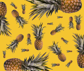 Photograph of whole sweet pineapple on a curry yellow background random placement unique pattern design for fabric or product prints 