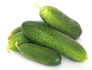 green cucumbers close up on a white background