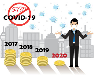 Depressed businessman standing no money with pockets out, gold coins graph appeared to falling down in 2020. How Coronavirus (COVID-19) disease outbreak impact to global business and economic crisis. 