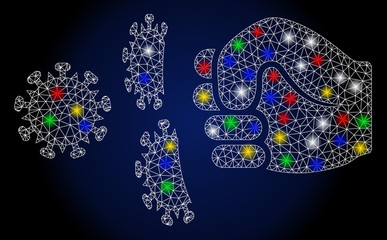 Glowing mesh coronavirus fist strike with glare effect. Abstract illuminated vector model of coronavirus fist strike icon on a dark blue gradiented background.