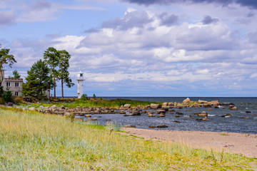 The lighthouse on the picturesque shore of the Baltic sea in the village of Vergi, Estonia