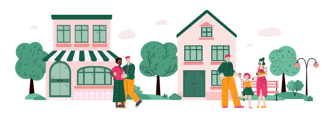 Couple and family at background with houses cartoon vector illustration isolated.